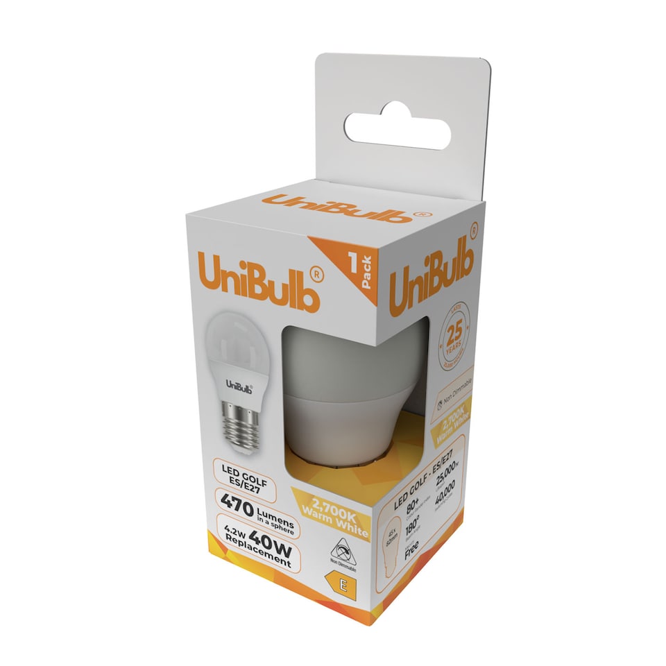 image 1 of UniBulb LED Golf Ball E27 470lm 4.2W 2700K (Warm White) Light Bulb - Pack of 1 | White | Warm White | 1