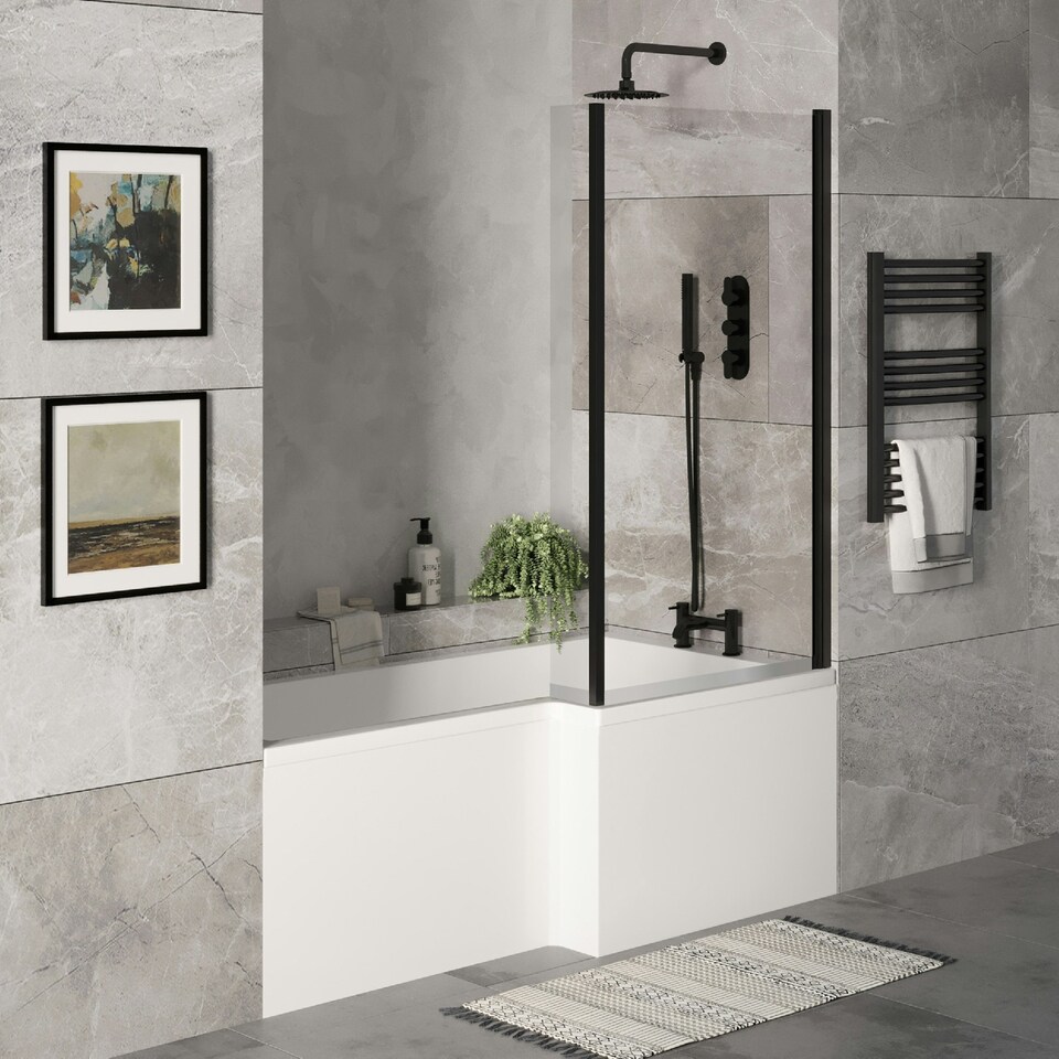 image 1 of 1700mm Right Hand L Shape Bathtub, Front Panel with Bath Screen - Satin Black Profile White