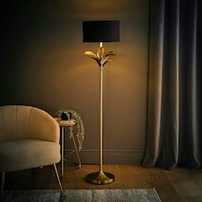 ValueLights Christina Black with Metallic Gold Drum Shade Gold Palm Leaf Floor Lamp Gold