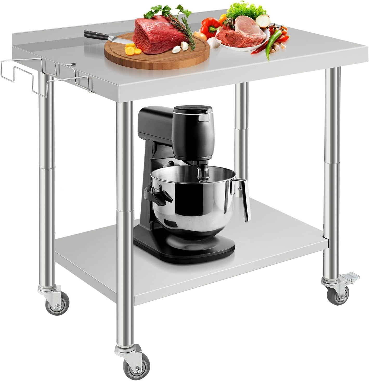 London Boutique Stainless Steel Prep Work Table, Commercial Table with Wheels, Backsplash and Removable Trash Bag Holder, Flat Edge, 36 x 24 x 35 in