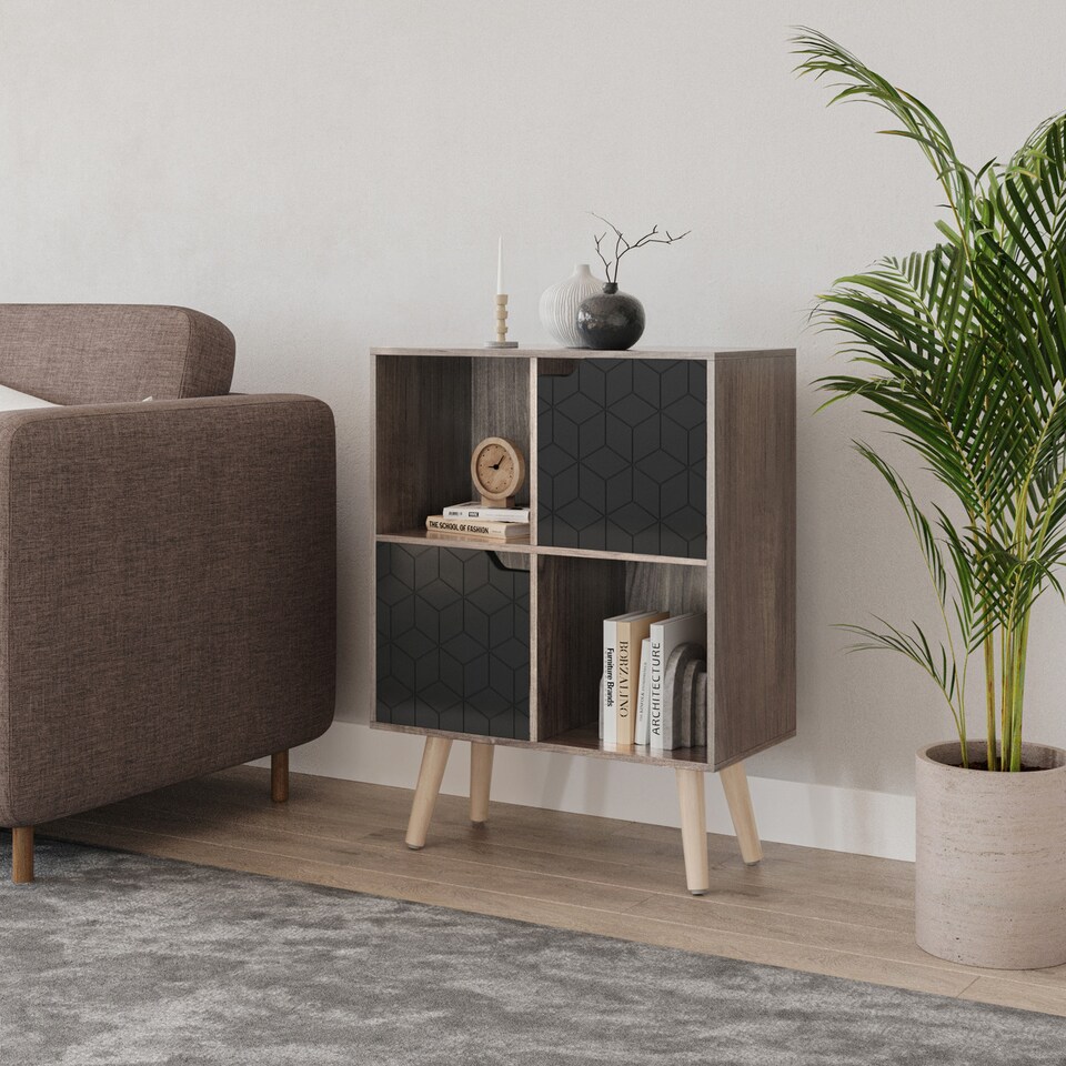 image 1 of Anthracite Oak 4-Cube Storage Unit with 2 Geo Doors and Legs | Black | Black & Pine | 1