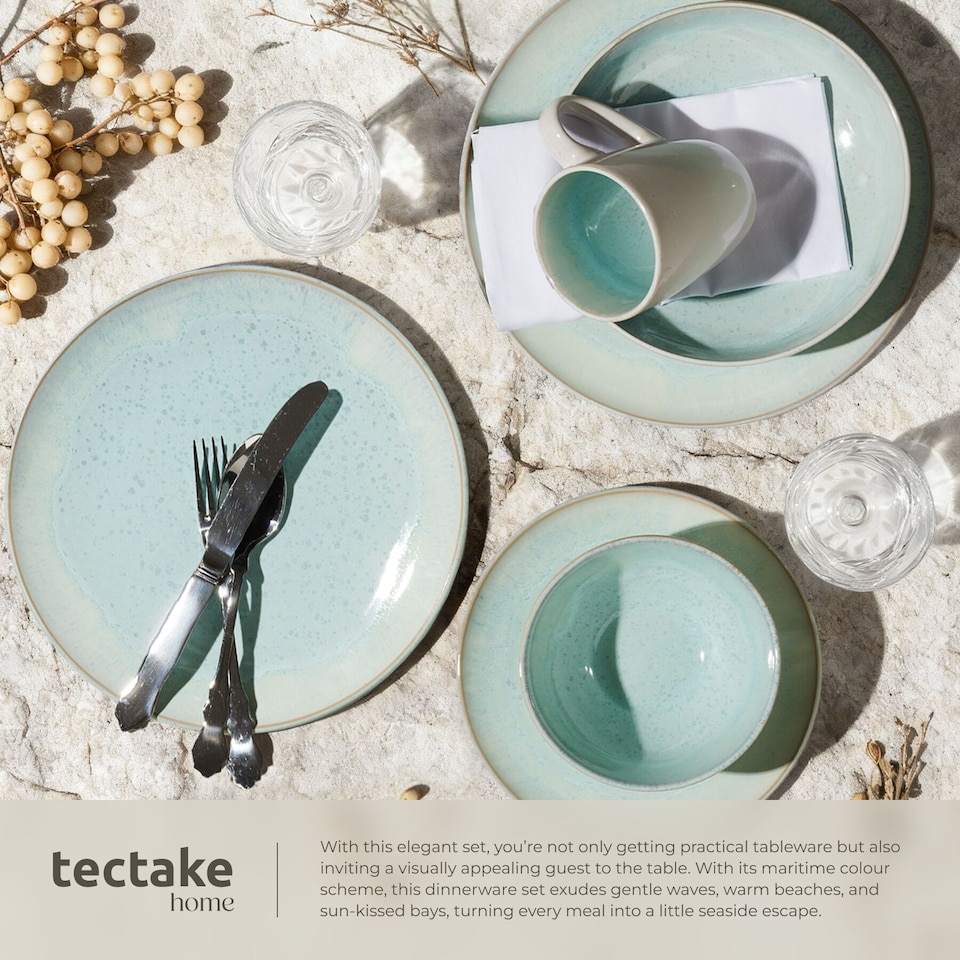 image 1 of Dinner Set Mare in Glazed Stoneware for 6 People, Microwave- and Dishwasher-Safe | Green | mint | 1