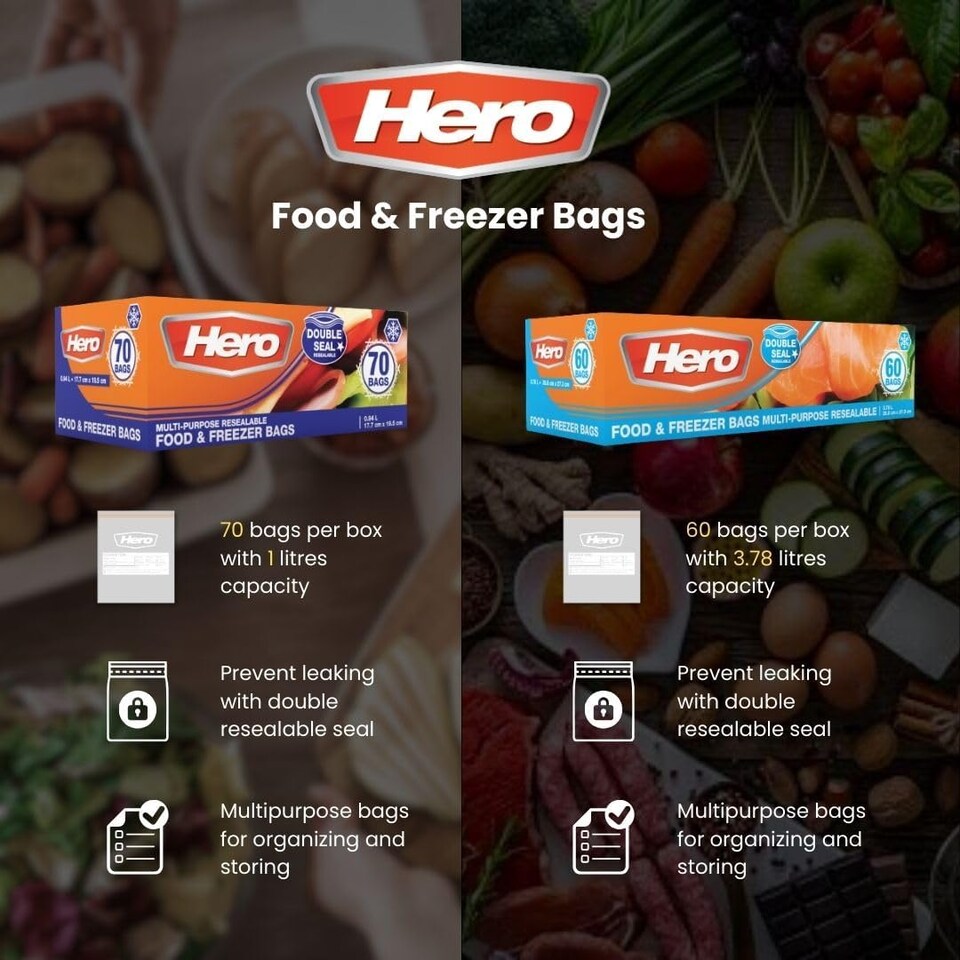 image 1 of Hero 70 Medium 1L Resealable Freezer Bags – Reusable Ziplock Food Storage Bags with Write-On Label – BPA Free Sandwich & Freezer Bags