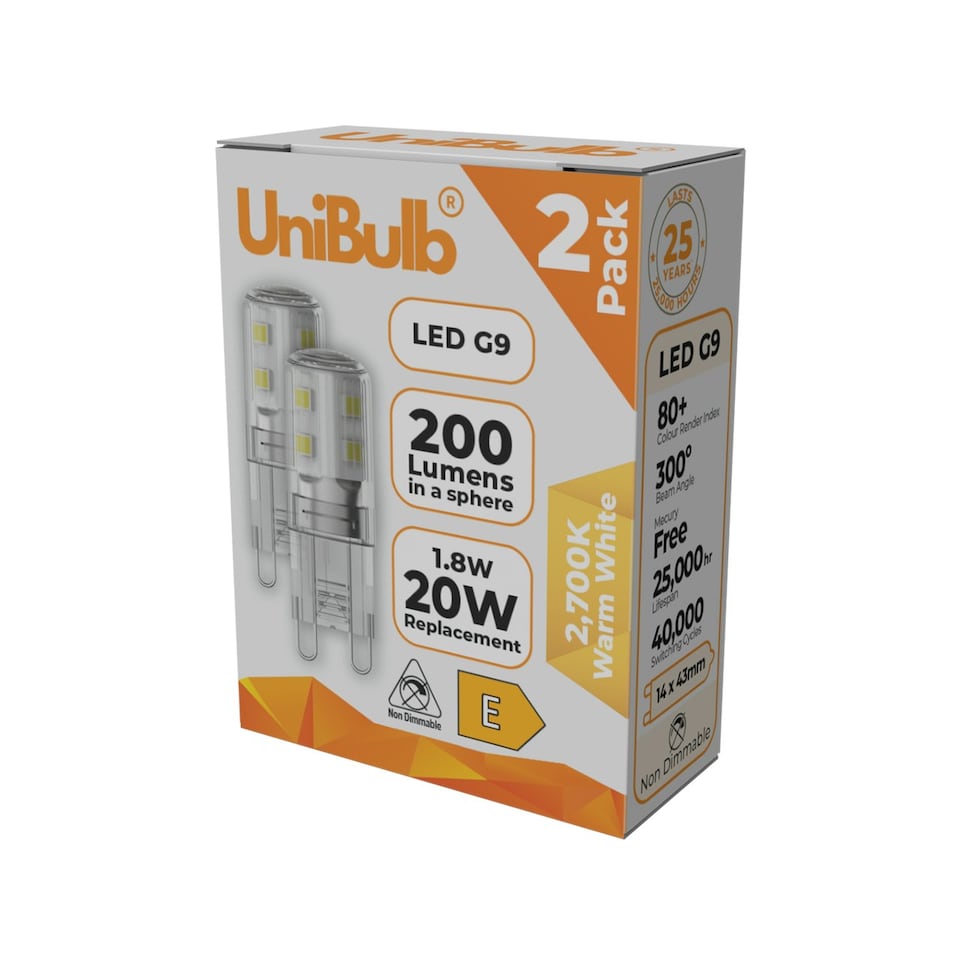 image 1 of UniBulb LED G9 200lm 1.8W 2700K (Warm White) Light Bulb - Pack of 2