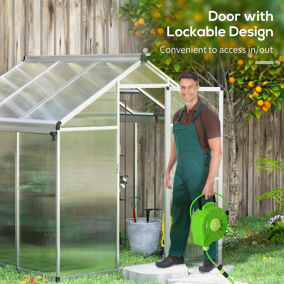 image 1 of Outsunny 6x6ft Aluminium Greenhouse with/ Door Window Galvanised Base PC Panel | Clear