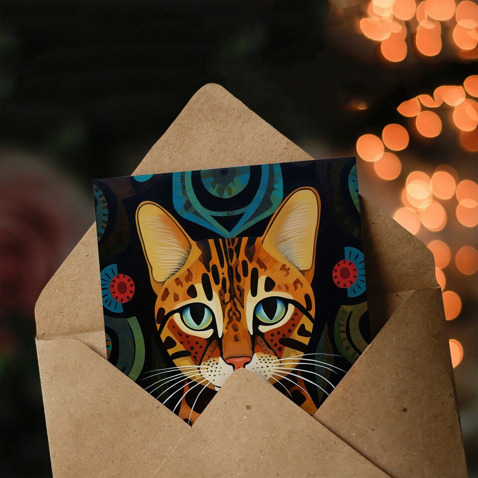 image 1 of Cat Lover Bengal Cat With Abstract Floral Pattern Greeting Card