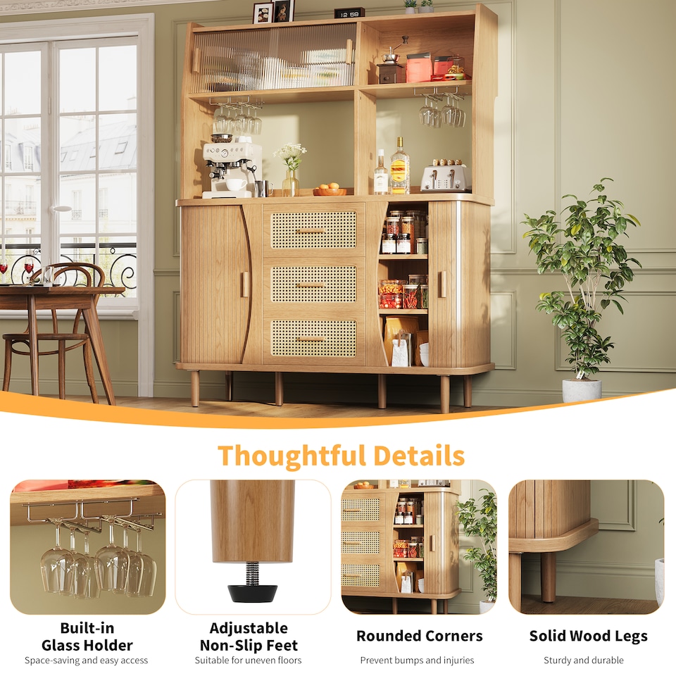 image 1 of VILUXE Tall Kitchen Storage Cabinet with Rattan-Effect Drawers and Glass Sliding Doors, 140 cm, Natural Wood