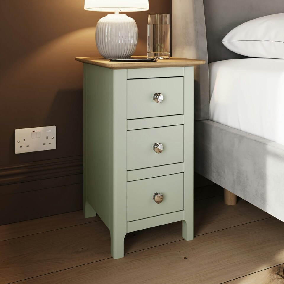 image 1 of Taberno Oak 3 Drawer Bedside Table Nightstand Cabinet Sage Green