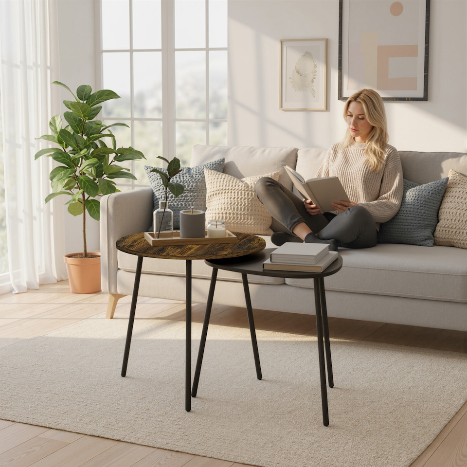 image 1 of HOMCOM Nesting Side Table Set of 2, Nest of Tables with Metal Frame for Living Room, Bedroom, Home Office, Rustic Brown