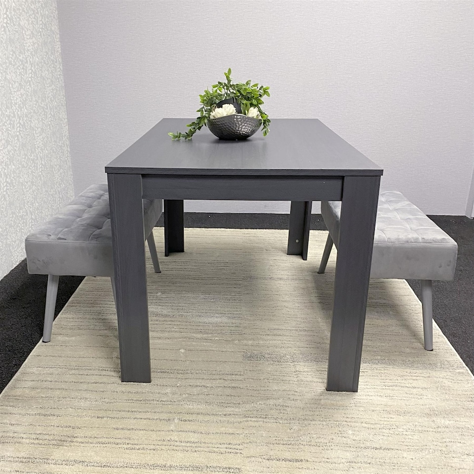 image 1 of Wooden Dining Table Set with 2 Grey Velvet Benches  Modern Dining Furniture