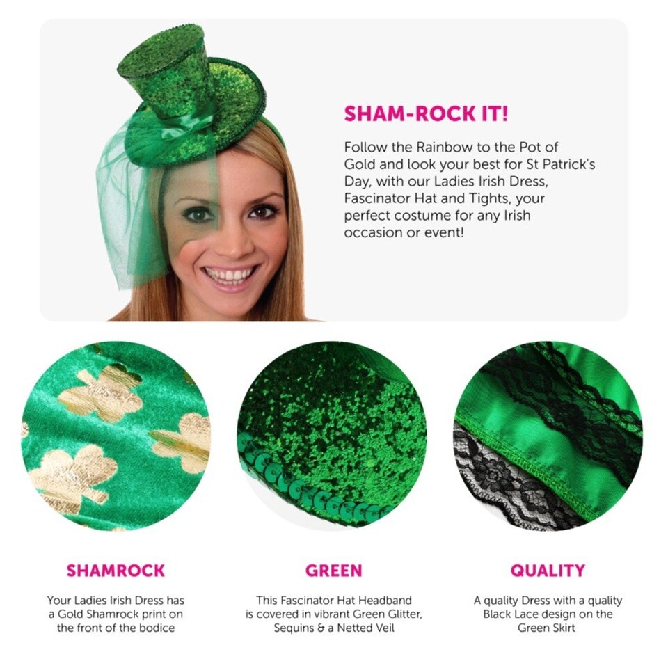 image 1 of Irish Shamrock Dress with Tights & Hat Fascinator Green | M