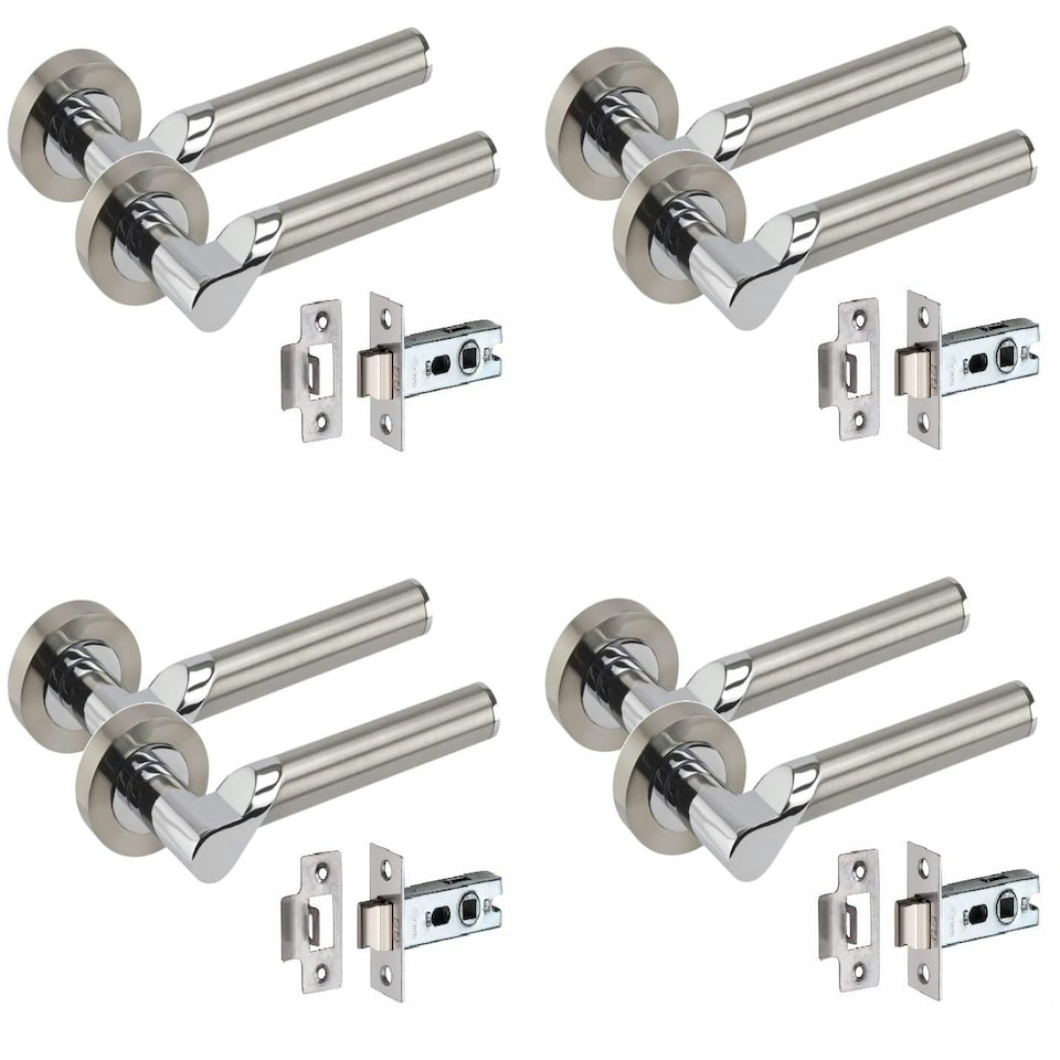 image 1 of Golden Grace 4 Pairs Titan Design Door Handles on Round Rose in Satin Nickel Polished Chrome with 2.5" Tubular Latch - 52mm Diameter Grey