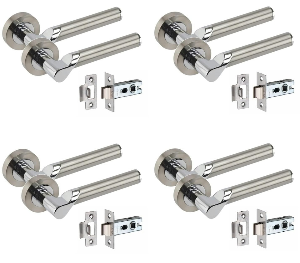 image 1 of Golden Grace 4 Pairs Titan Design Door Handles on Round Rose in Satin Nickel Polished Chrome with 2.5" Tubular Latch - 52mm Diameter | Grey | 4 Pairs