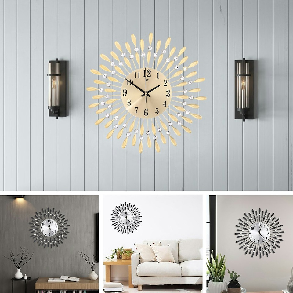 image 1 of Living and Home 3D Silent Drop-Shape Metal Wall Clock with Crystal
