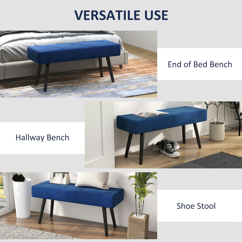 image 1 of HOMCOM End of Bed Bench, Upholstered Hallway Bedroom with Steel Legs, Blue