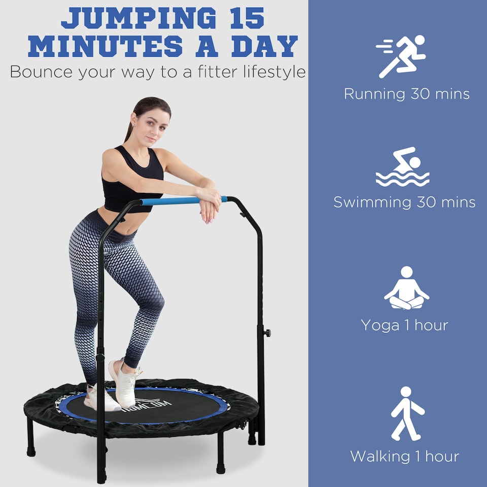 image 1 of HOMCOM Foldable Mini Fitness Trampoline w Foam Handle, Blue