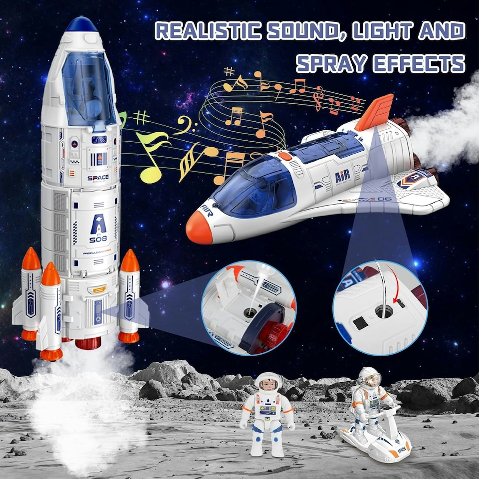 image 1 of Creative Space Adventure Toys for Kids Space Shuttle Rocket Set with Astronauts Rover Satellite and Solar System Mat
