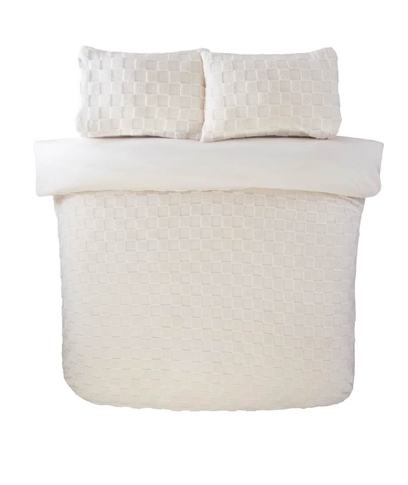 image 1 of Luxury Check Teddy Polyester Fleece Duvet Cover Set with Pillowcase | Cream | King