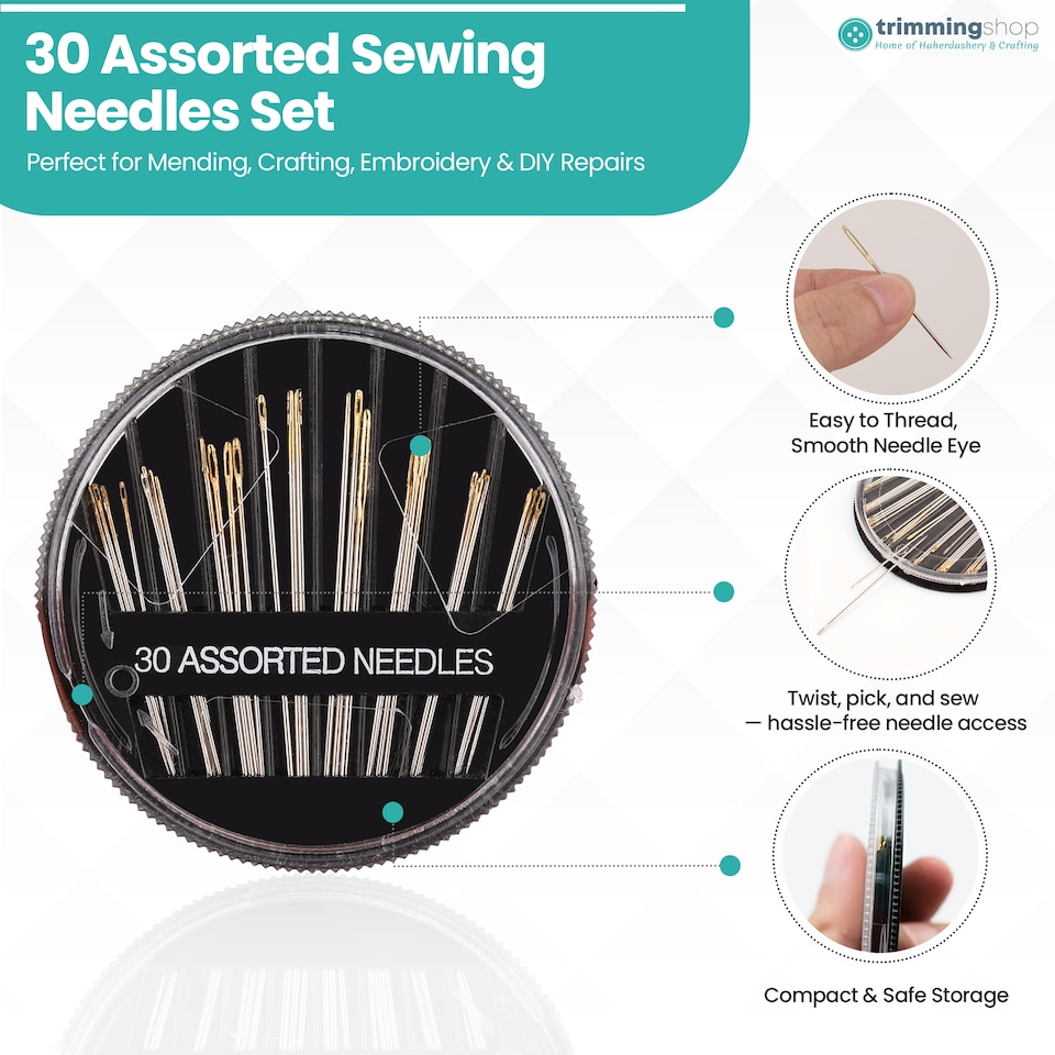 image 1 of 30 Assorted Hand Sewing Needles Set, Stainless Steel Needles in Round Case