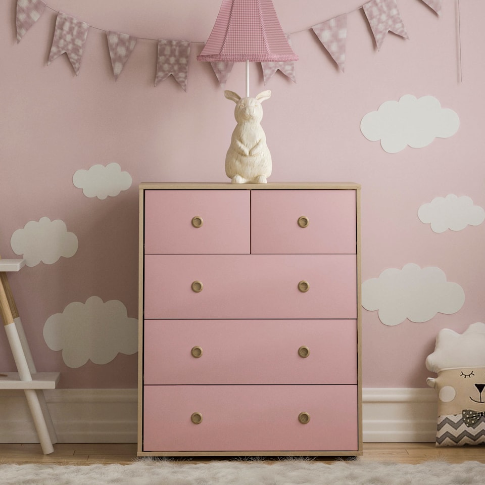 image 1 of Vida Designs Neptune 5 Drawer Chest of Drawers Bedroom Storage, Pink & Oak