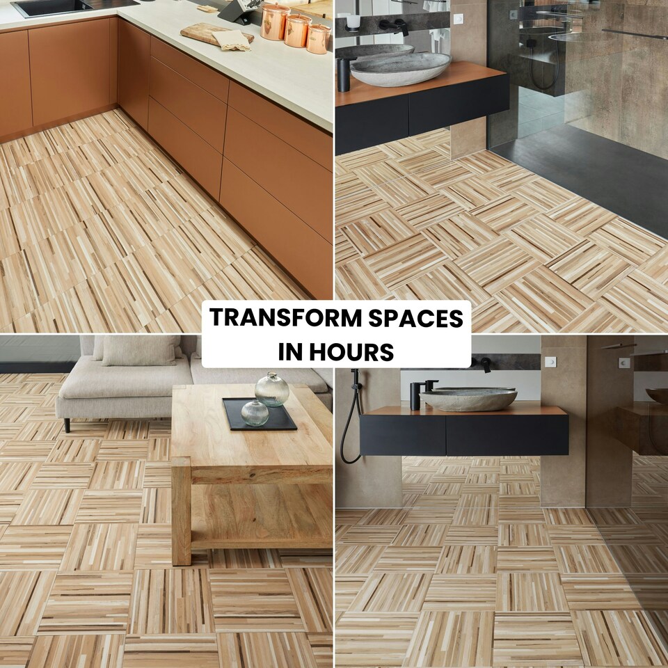 image 1 of NOVECRAFTO Vinyl Floor Tiles Self Adhesive – 12x12in Peel and Stick Flooring for Kitchen, Bathroom & Living Room – Beige Brown Wooden Stripes Design Brown | 2.79 sqm