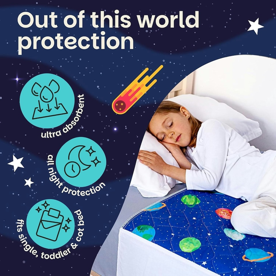 image 1 of Toddler Potty Training Bed Pad with Tucks - Soft Waterproof Bedwetting Pee Protector Mat for Kids - Multi-Layer Non-Slip Washable Absorbs Up to 2000ml 90 x 85cm Blue | Astronaut | Single