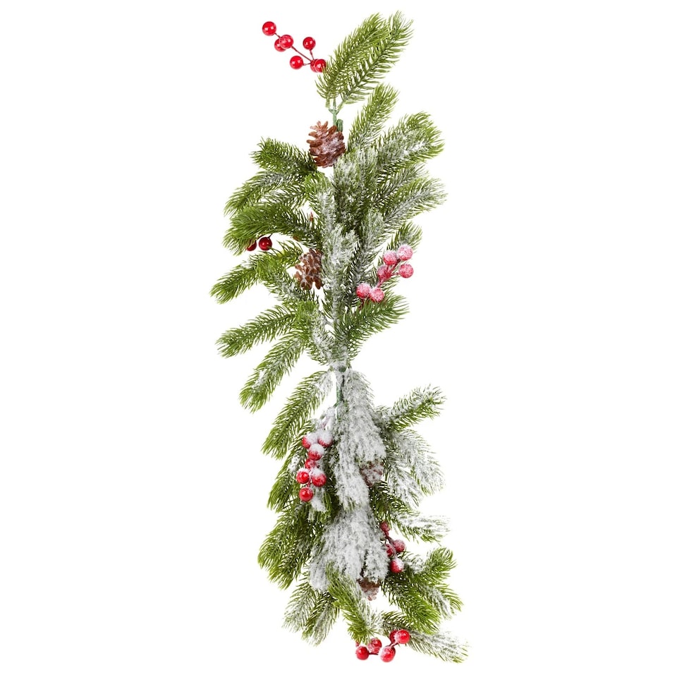 image 1 of 76cm Snowy Christmas Branch Flocked Pine Cone Red Holly Berries Pick Xmas Decor | Multi | 1