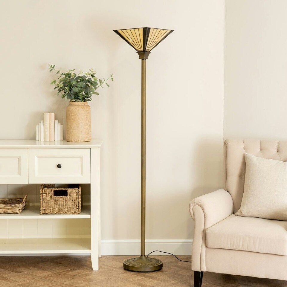 image 1 of ValueLights Tiffany Gold Floor Lamp Yellow Uplighter Lamp Shade Gold