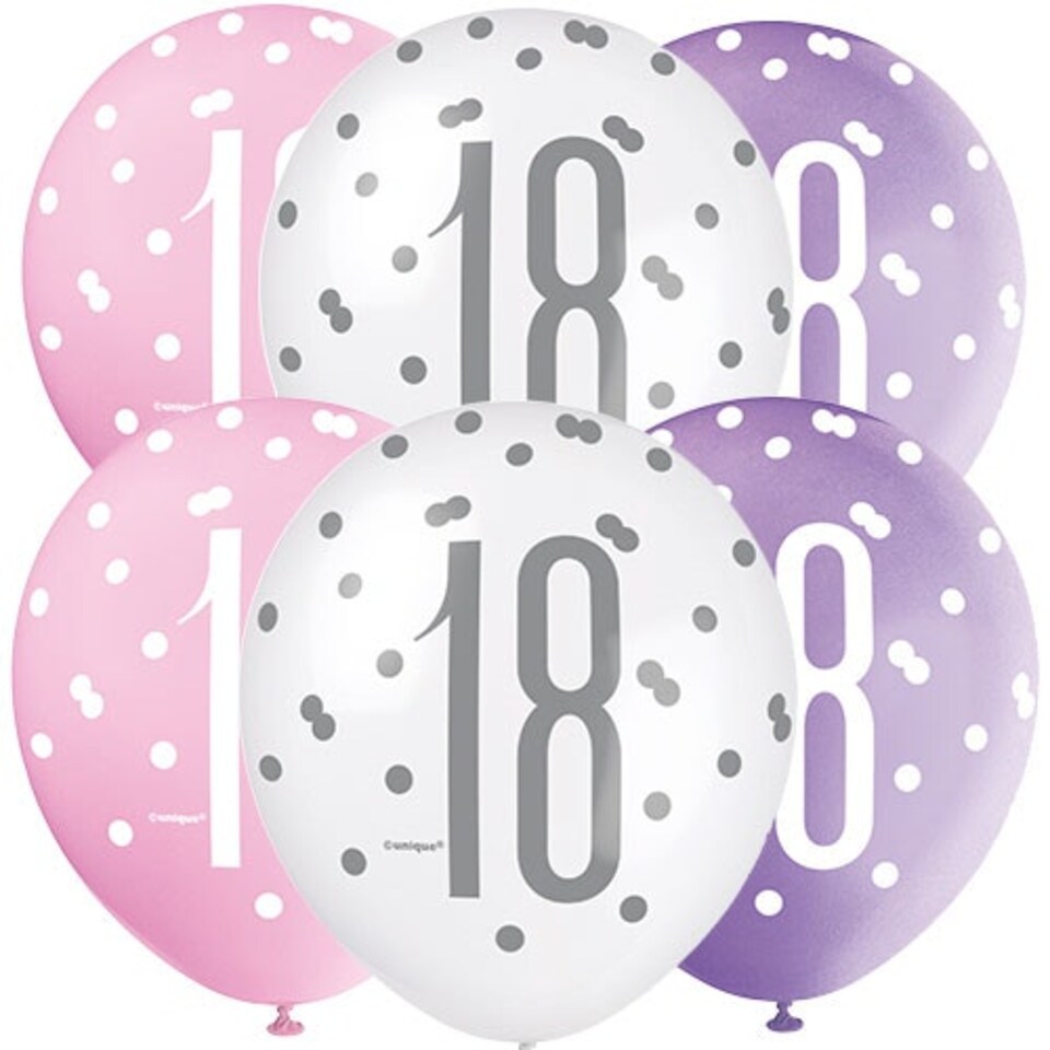 Pink Glitz Age 18 Assorted Biodegradable Latex Balloons 30cm / 12 in - Pack of 6