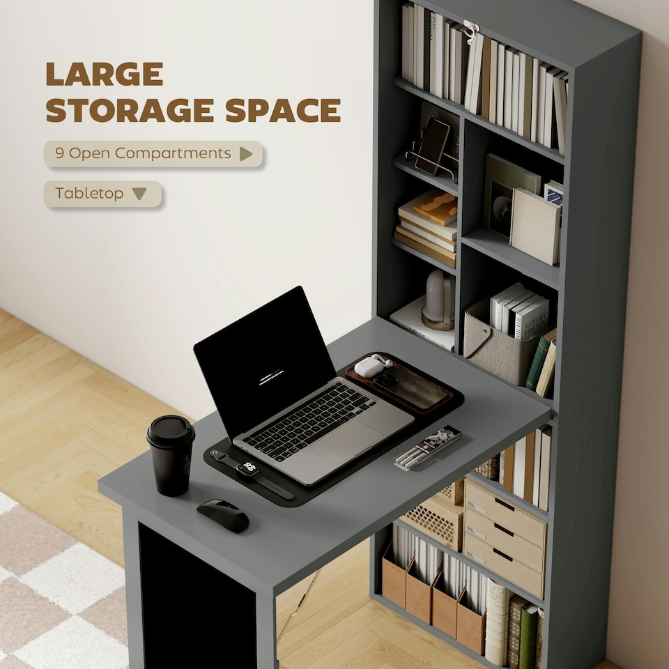 image 1 of HOMCOM Folding Convertible Desk with Blackboard and Bookshelf, Grey