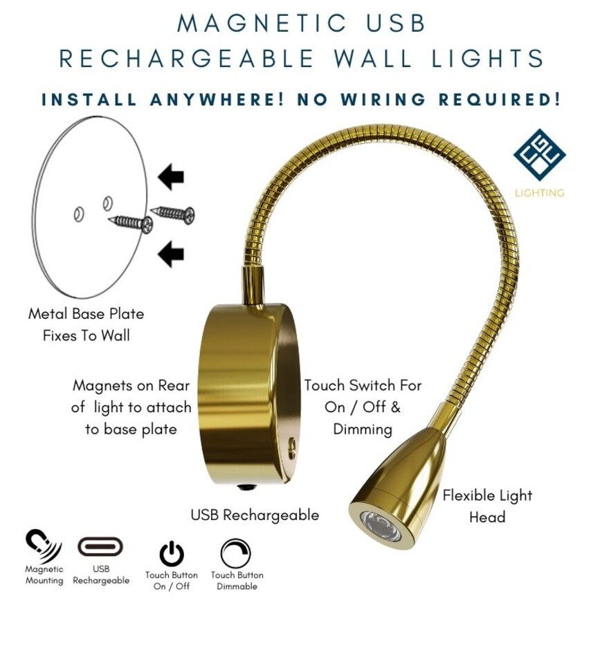 image 1 of CGC MATILDA Satin Gold Adjustable Flexible Neck LED Rechargeable Magnetic USB-C Bedside Wall Light