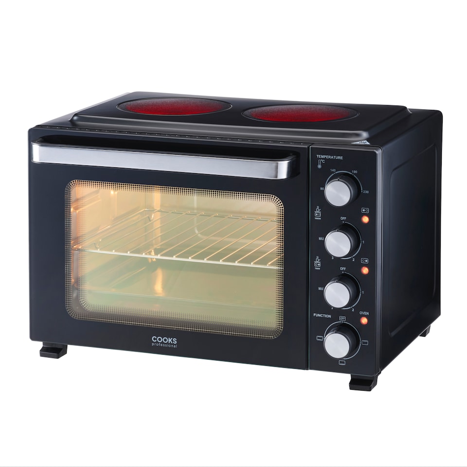 image 1 of Cooks Professional 34L Mini Portable Oven with 2 Ceramic Hobs - Electric Portable Countertop Cooker | Black | Black & Silver | 34L