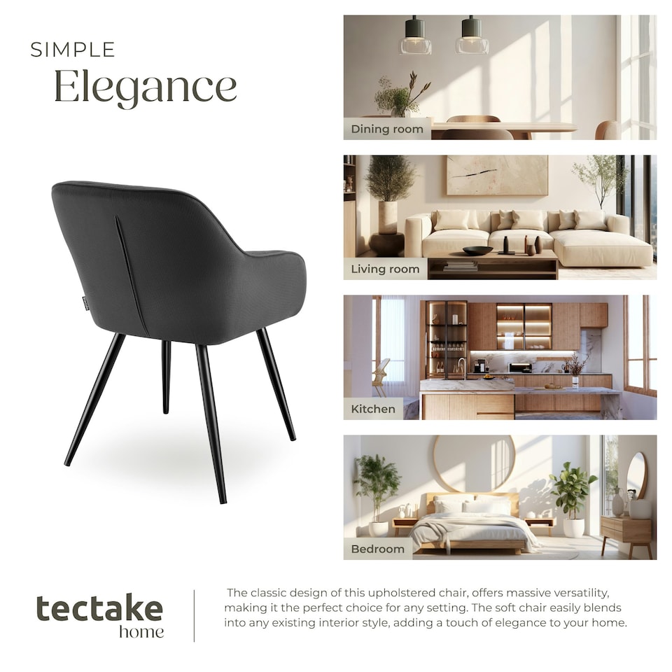 image 1 of Dining Chair Marilyn - corduroy look, upholstered, armchair, continuous backrest - per piece Grey | Anthracite/Black
