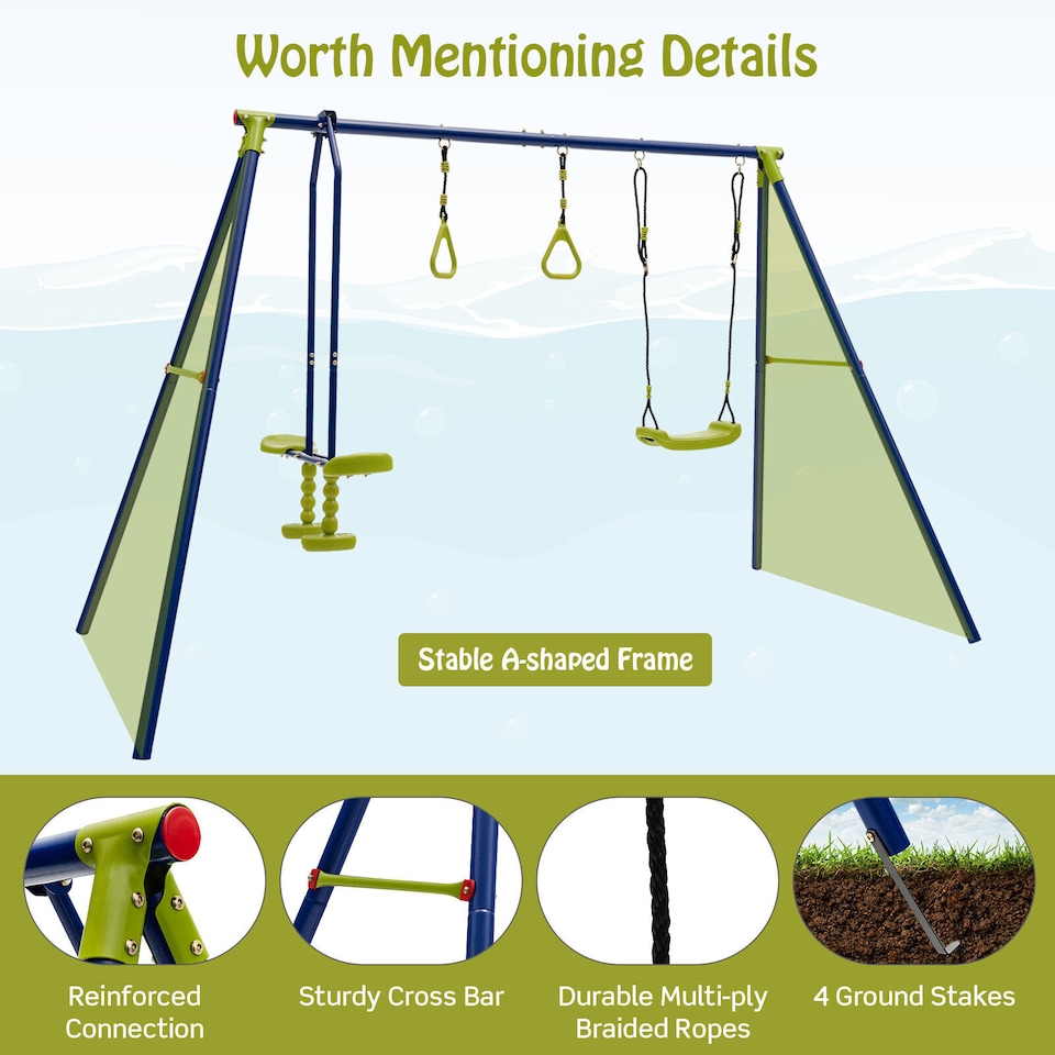 image 1 of COSTWAY 3-in-1 Swing Set A-Frame Swing Set Multifunctional Activity Playset for Backyard