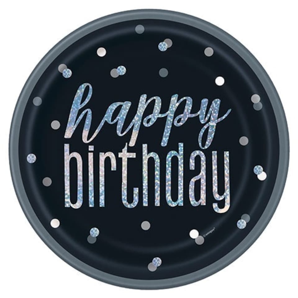 Black Glitz Holographic Birthday Round Paper Plates 22cm - Pack of 8