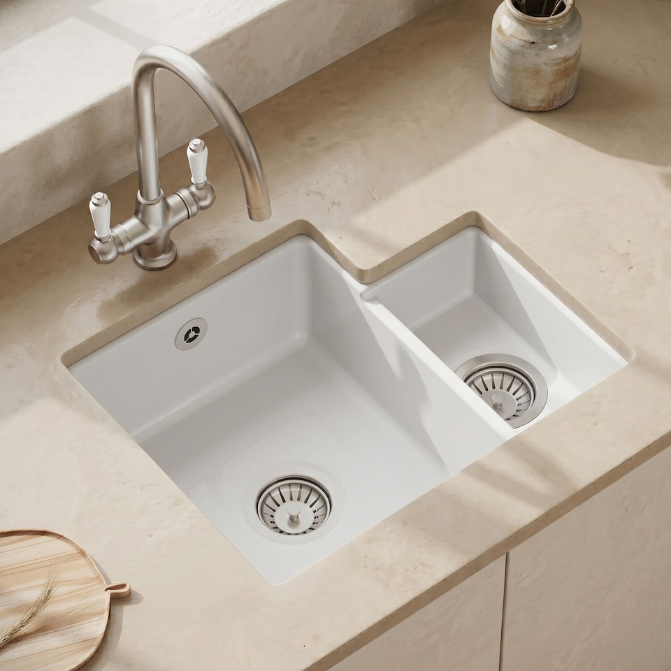 image 1 of Balterley Fireclay 1.5 Bowl Left Hand Undermount Kitchen Sink & Overflow | White | White | 1