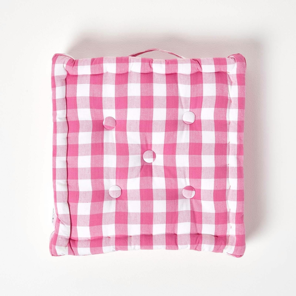 image 1 of Homescapes Pink Block Check Cotton Gingham Floor Cushion - 40 x 40 cm | Pink | 40 x 40 cm