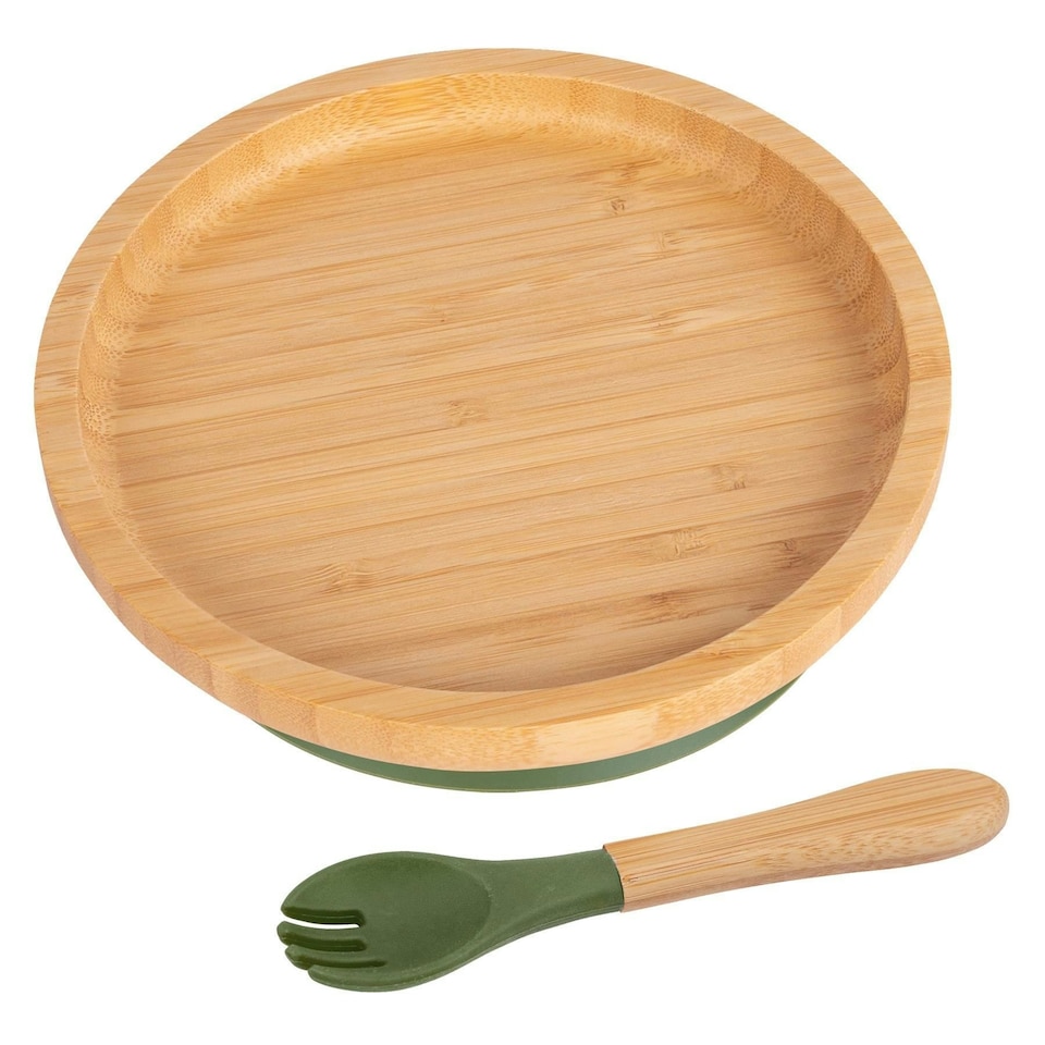image 1 of Tiny Dining Bamboo Round Baby Weaning Plate & Fork Set - Olive Green