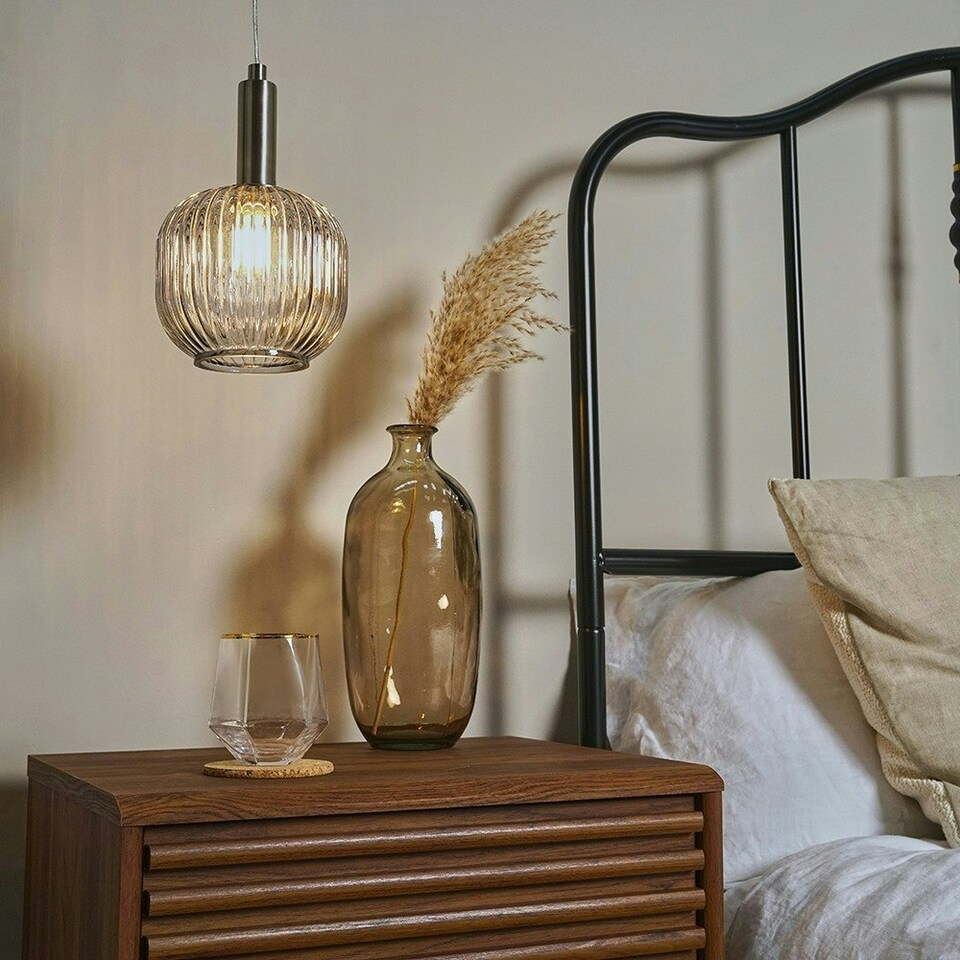 image 1 of ValueLights Brushed Chrome Ceiling Light With Ribbed Smoked Glass Shade