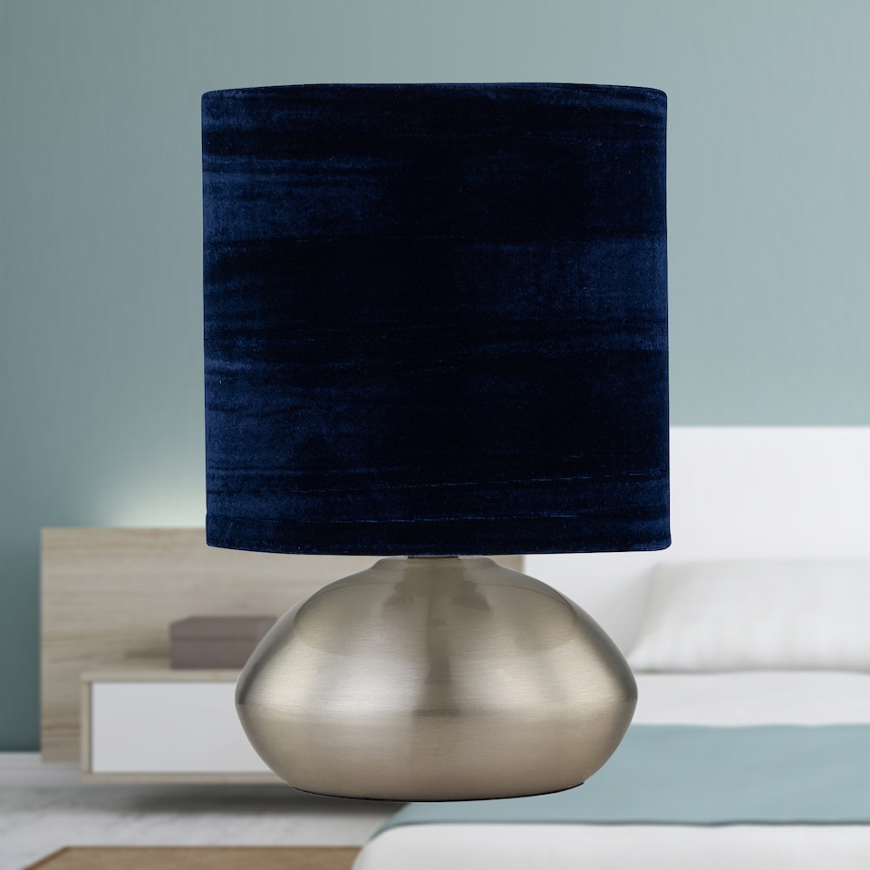 image 1 of Jenson - Brushed Chrome Touch Table Lamp with Blue Velvet Shade