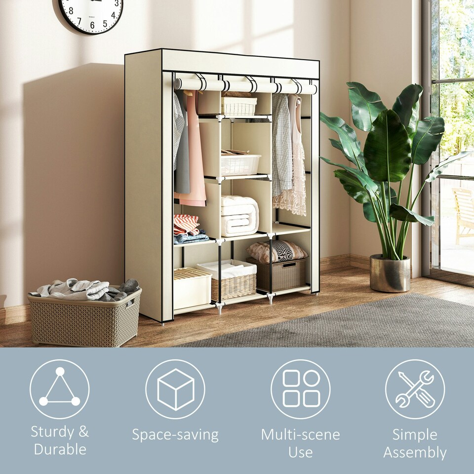 image 1 of HOMCOM Fabric Portable Wardrobe with 8 Shelves 2 Hanging Rails, Cream White Cream