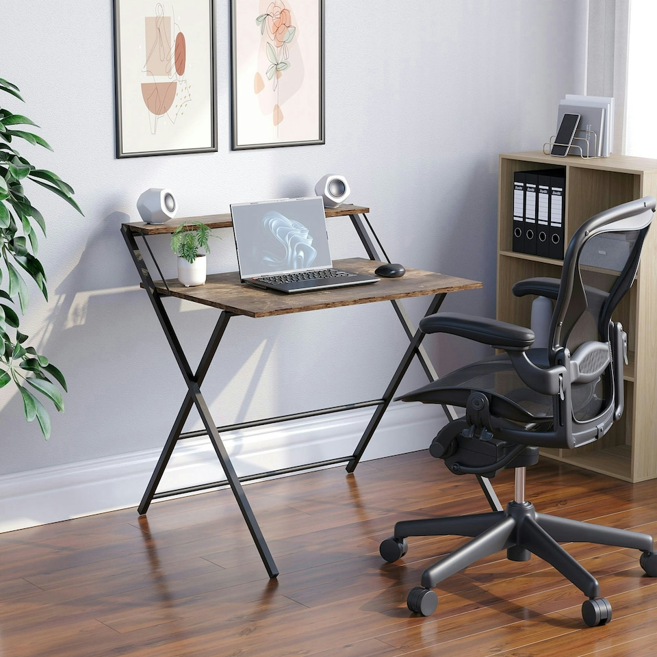image 1 of Vida Designs Brooklyn Foldable Computer Desk Home Office Workstation, Dark Wood