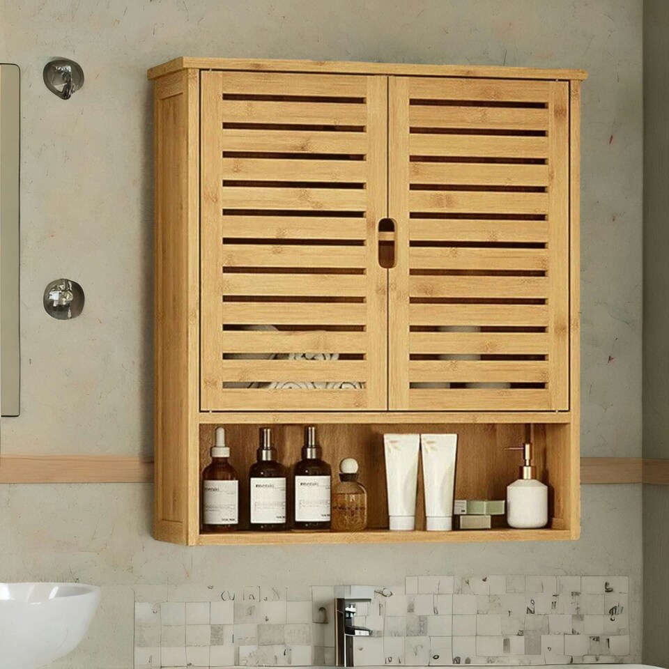 image 1 of Wooden Bathroom Wall Storage Cabinet Organiser Natural Brown Brown