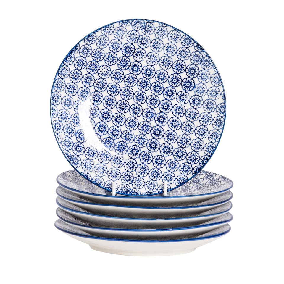 image 1 of Nicola Spring Hand-Printed Side Plates - 18cm - Navy - Pack of 6 | Blue | Blue