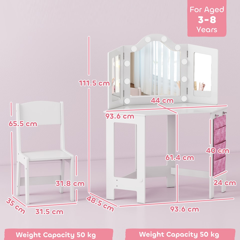 image 1 of AIYAPLAY Kids Vanity Table and Stool with Lights, Tri-Folding Mirror, White