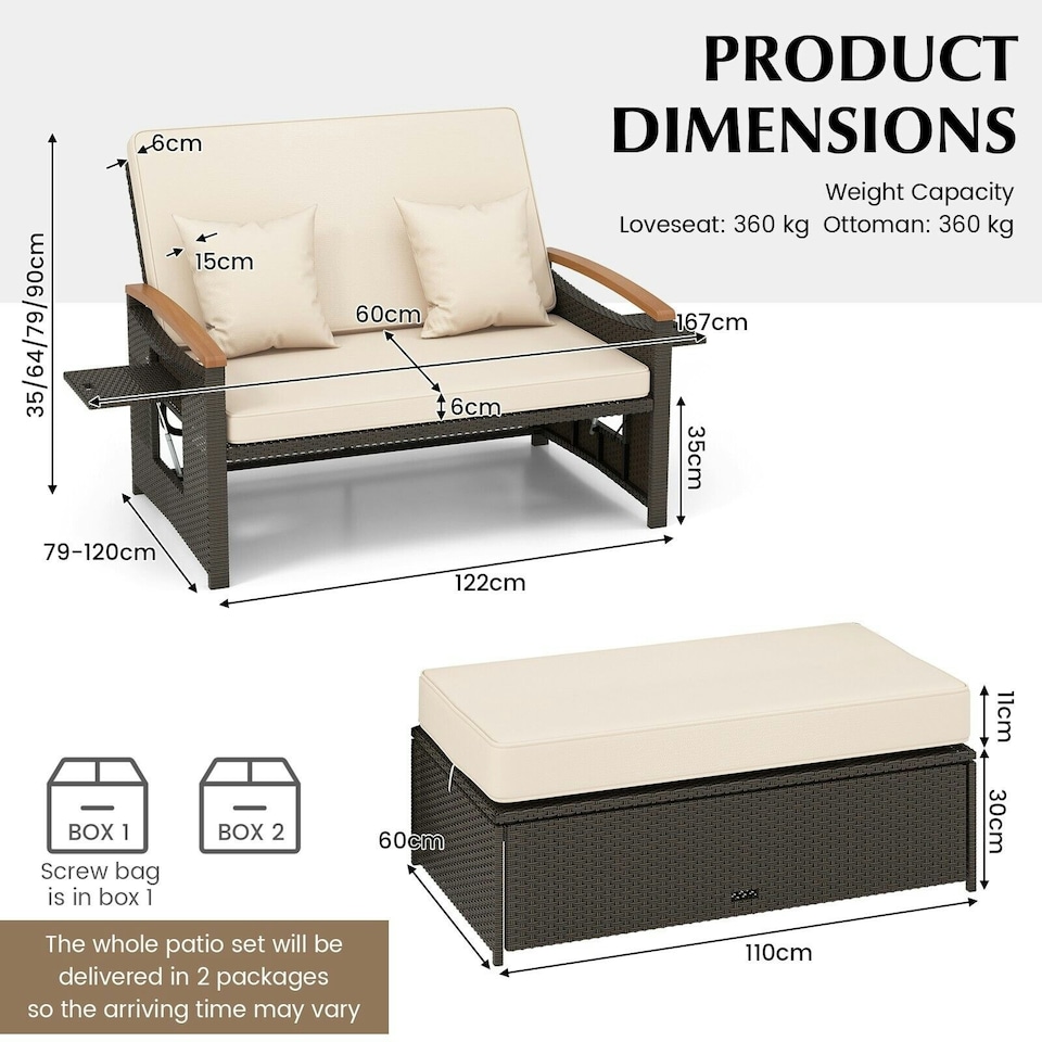 image 1 of COSTWAY Outdoor Sun Lounger Daybed Rattan Loveseat Ottoman Set
