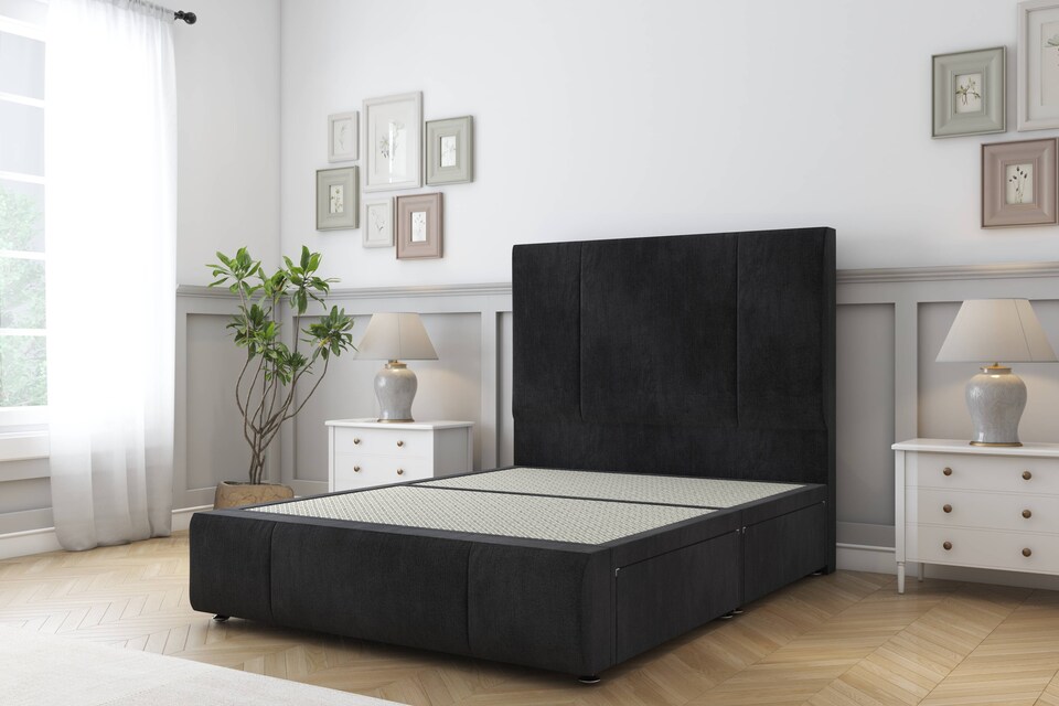 image 1 of Sloomy Lisbon Black Naples Divan Bed Base No Drawers With 26 Inch Strutted Headboard & 12 Inch Matching Footboard | Black | Black | Super King | 1