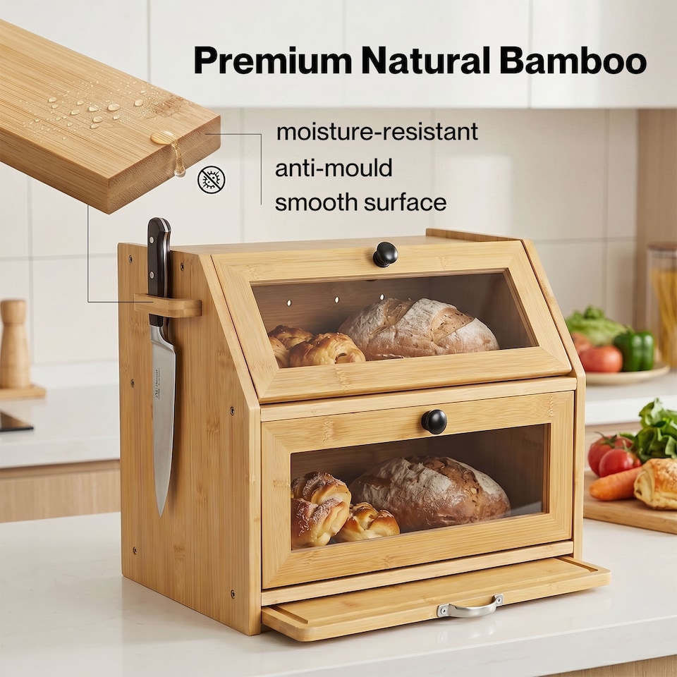 image 1 of TOQUE 33L Bamboo Bread Bin with Cutting Board, Bread Storage Box, Natural