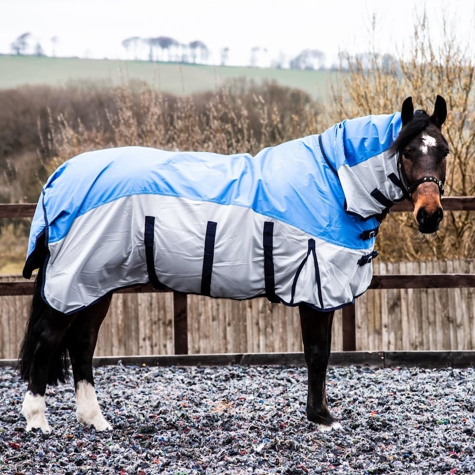 image 1 of eQuitack 600D 2 in 1 Waterproof Fly Turnout Mesh Horse Rug Fixed Neck Blue/Grey 6'0''