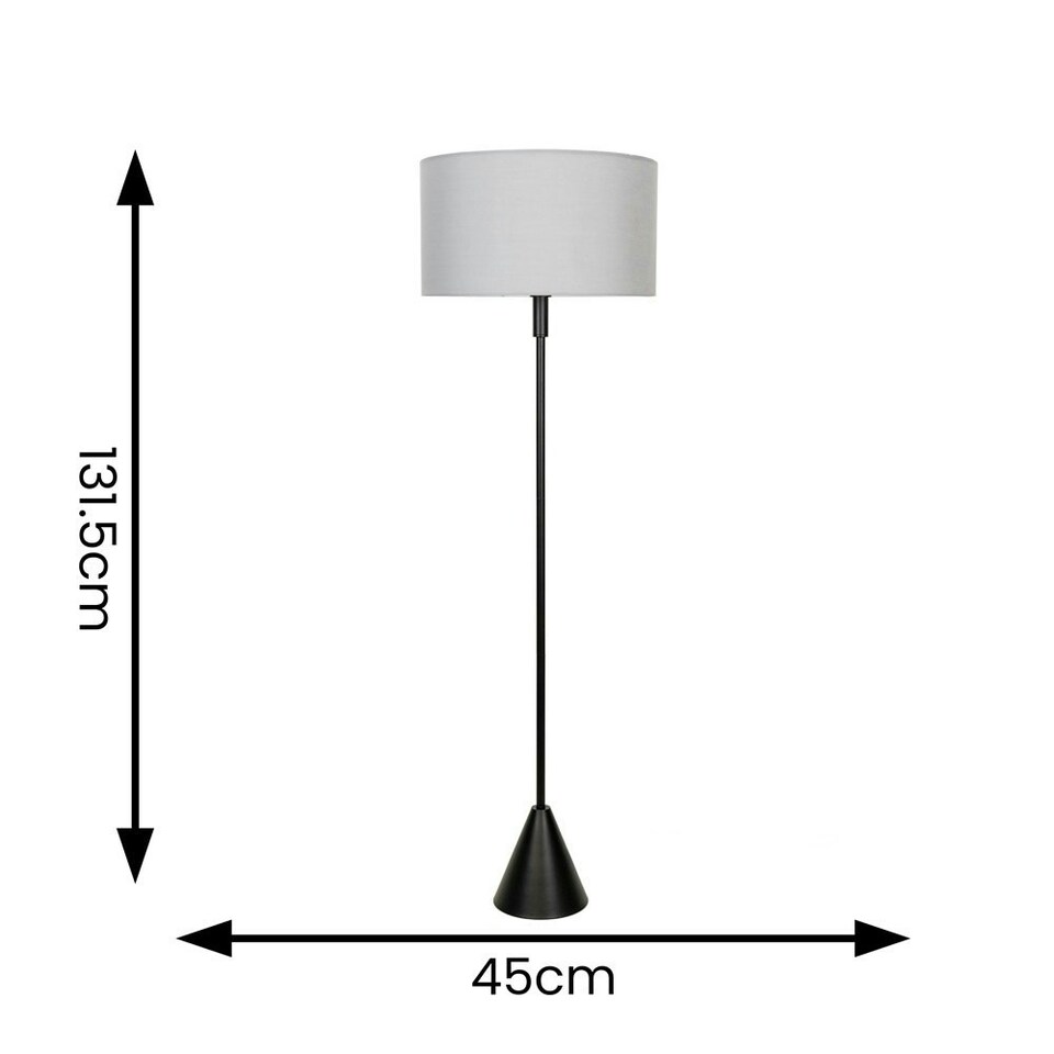 image 1 of ValueLights Mitch Grey Drum Lamp Shade Black Wood Stem Triangle Floor Lamp with LED Bulb Black